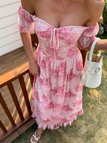 DAZY Đầm maxi chiffon in hoa mùa xuân hè, thanh lịch, thích hợp cho các dịp thường ngày, đi biển, đám cưới, tiệc tùng, đi làm, đầm midi dài tay xẻ cao. - Hồng - Xem 7