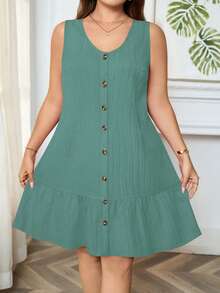 EMERY ROSE Plus Size Solid Color Casual Front Button Ruffle Hem Sleeveless Dress - Limelight Green - View 5
