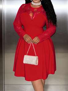 Slaydiva 秋季新款蕾丝拼接修身A字公主风晚礼服，适合情人节约会、生日派对、宴会、返校、日常休闲穿着、邮轮旅行、潮流时尚、优雅大方、通勤、商务休闲等场合 - 红色，大码 - 紅色 - 查看 8