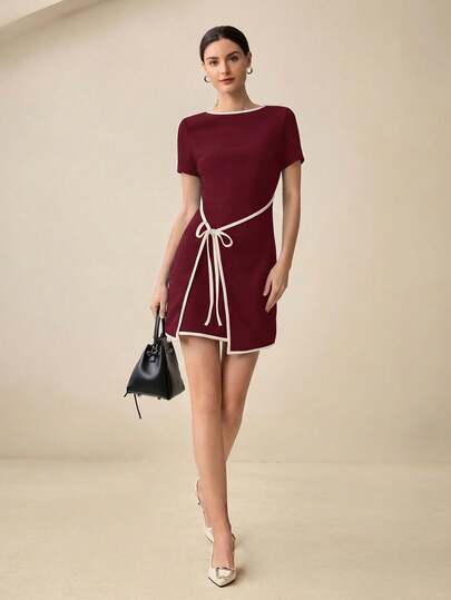 BizChic New Spring/Summer Wine Red Textured Knit White Contrast Trim Tie-Front Bow Dress, Versatile For Multiple Occasions