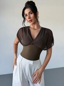 Rafferiza New Stylish Elegant V-Neck Patchwork Bodysuit - Army Green - View 6