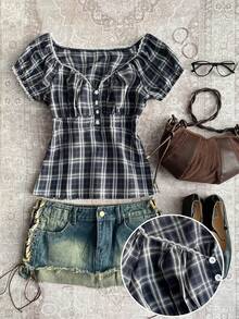 Attitoon 女士休闲格子心形领衬衫，夏季 - 彩色 - 查看 1