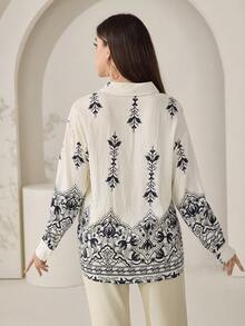 Veilorie Camisa casual holgada de mujer con bordado de plantas y abotonadura sencilla - Multicolor - Ver 2