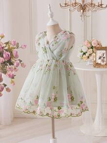 SHEIN 少女V领刺绣网纱休闲连衣裙 - 綠色 - 查看 7