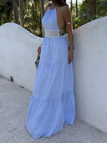 Sunnyshic Women's Blue Striped Summer Halter Backless Contrast Lace Slim Fit Sexy Beach Vacation Party Dress - Blue - View 6