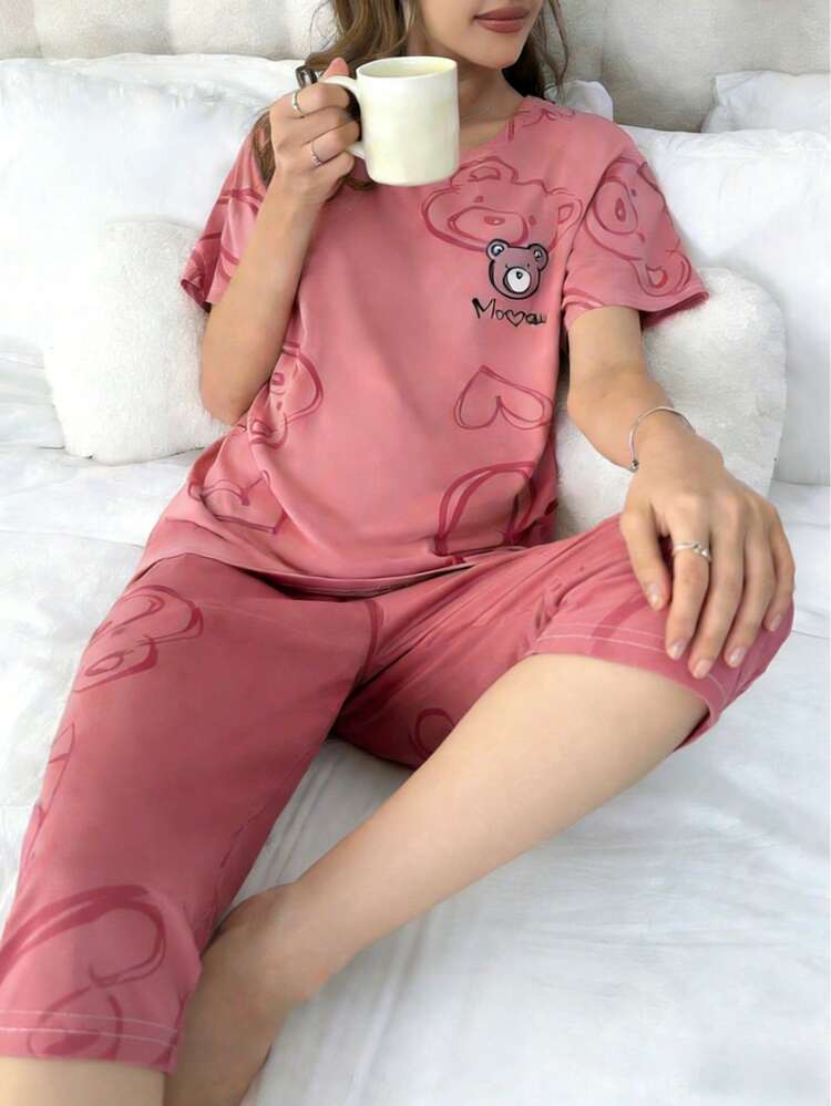 Set de 4 piezas de pijama informal con dibujos animados para mujer, tres piezas, adecuado para las temporadas de primavera, verano y otoño,pijamas mujeres,valentines - Oso de amor - Añade 10