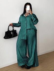 Maweii 2pcs Women Striped Casual Loose Blouse And Printed Pants Set, Commuting Style, Autumn/Winter - Dark Green - View 1