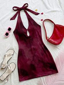 Soleia 女士休闲优雅修身迷你连衣裙，度假连衣裙，夏季套装，镂空露背连衣裙，扎染印花，安哥拉红 - 彩色 - 查看 2