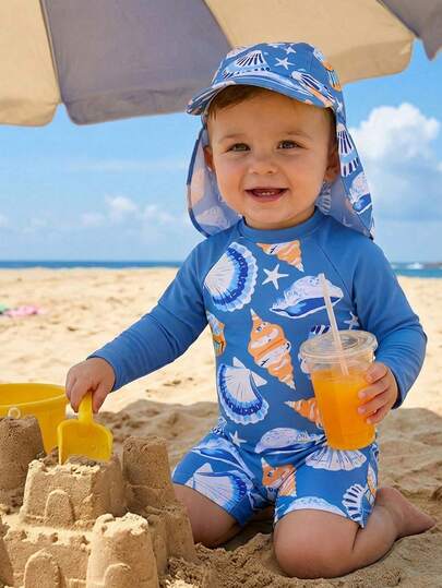 SHEIN 男女宝宝两件套可爱贝壳海鲜图案撞色长袖防晒衣和遮阳帽泳衣套装，适合度假、海滩、冲浪、宝宝泳装