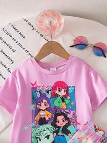 SHEIN Baby Girl Cartoon Character Print Round Neck Short Sleeve T-Shirt And Shorts Casual Outfit - Purple - View 3