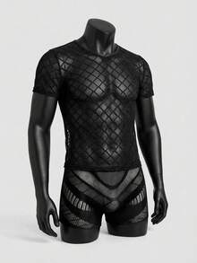 WENEZON 1pc Men's Diamond Mesh Sheer Short Sleeve Casual Plaid T-Shirt Lingerie Valentine's Day Gifts - Black - View 1