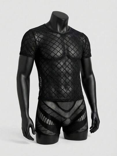 WENEZON 1pc Men's Diamond Mesh Sheer Short Sleeve Casual Plaid T-Shirt Lingerie Valentine's Day Gifts
