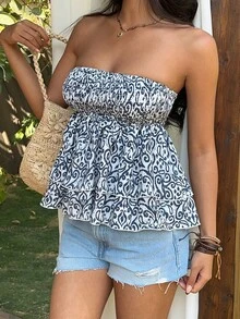 Sunnyshic 女士休闲度假日常百搭时尚波西米亚风佩斯利复古印花层叠荷叶边抹胸上衣 - 彩色 - 查看 5