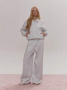 MUSERA Picot Trim Collared Zip Through Boxy Fit Sweatshirt Coord Top Only Cute Girly Sexy Spring Winter Going Out Daily Easter Sugar Swizzle - Light Grey - View 3