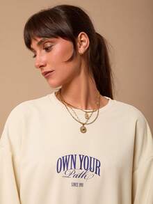 SURIMA 休闲简约印花图案连帽长袖宽松女式卫衣 - 米色 - 查看 3