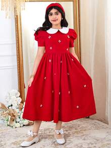 Tween Girl Spring/Summer Elegant Beaded Dress, Color Block Peter Pan Collar Puff Leg-Of-Gigot Sleeve Dress, Red Tween Girl - Red - View 8