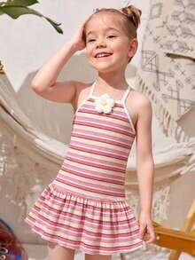 SHEIN Vintaside Kids Đầm hai dây hở lưng kẻ sọc cầu vồng thời trang ngọt ngào cho bé gái, trang phục dễ thương cho kỳ nghỉ hè. - Nhiều màu - Xem 5