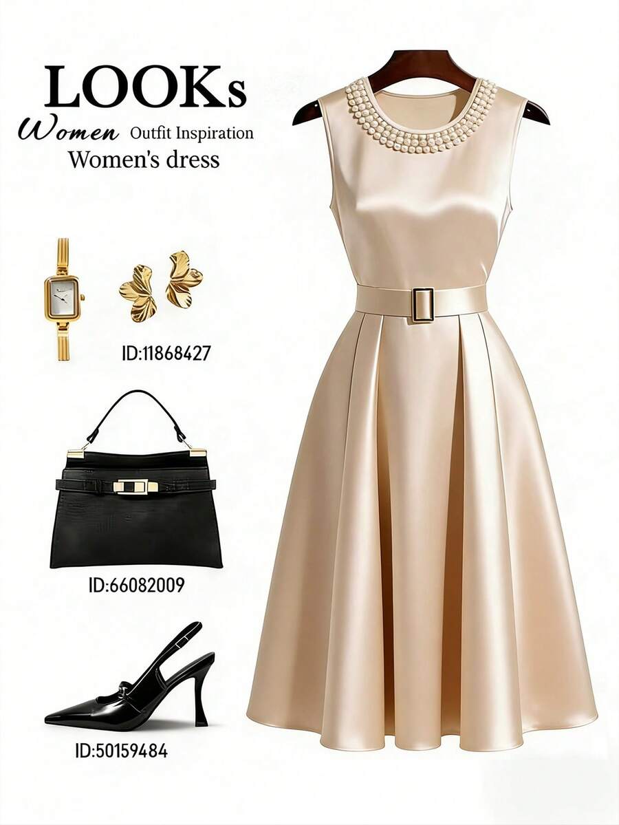 Franclia 缎面束腰珍珠领无袖A字连衣裙，优雅女士风格 - 杏色 - 查看 1