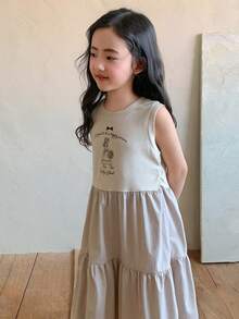 DAZY Young Girl Round Neck Casual Floral Print Colorblock Cute Dress Summer - Baby Pink - View 2