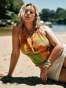 SHEIN BAE Plus Size Halter Neck Multicultural Tie Dye Ruched Tank Top Casual - Multicolor - View 7