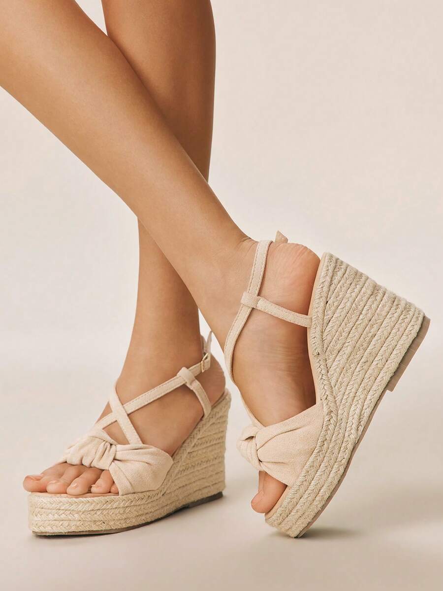 Styleloop Women's Straw Rope Bow Criss-Cross Strap High Heel Round Toe Sandals Valentine's Day Holiday Travel Essential Boho Coachella - Apricot - View 1