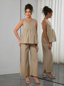 Momance Setelan Hamil 2 Potong Tanpa Lengan Leher Bulat Warna Polos dengan Lipatan dan Lubang-lubang Sederhana, Model Longgar, Musim Panas - Khaki - View 2