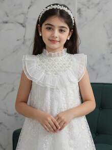 SHEIN 少女纯色网纱刺绣荷叶边下摆休闲连衣裙 - 白色 - 查看 3