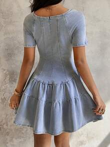 Sunnyshic 女士牛仔超长高开衩连衣裙 - 藍色 - 查看 2