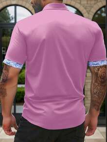 Manfinity Homme 加大码男士撞色滚边纽扣前开襟休闲短袖衬衫 男士短袖正装衬衫 男士纽扣衬衫 夏季男士短袖正装衬衫 男士纽扣衬衫 夏季 - 粉色 - 查看 2