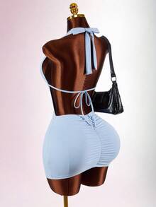 Amplova 2026 New Arrival Minimalist Blue Low-Cut Halter Waist-Cinched Bodycon Mini Dress, Sporty Chic - Blue - View 1