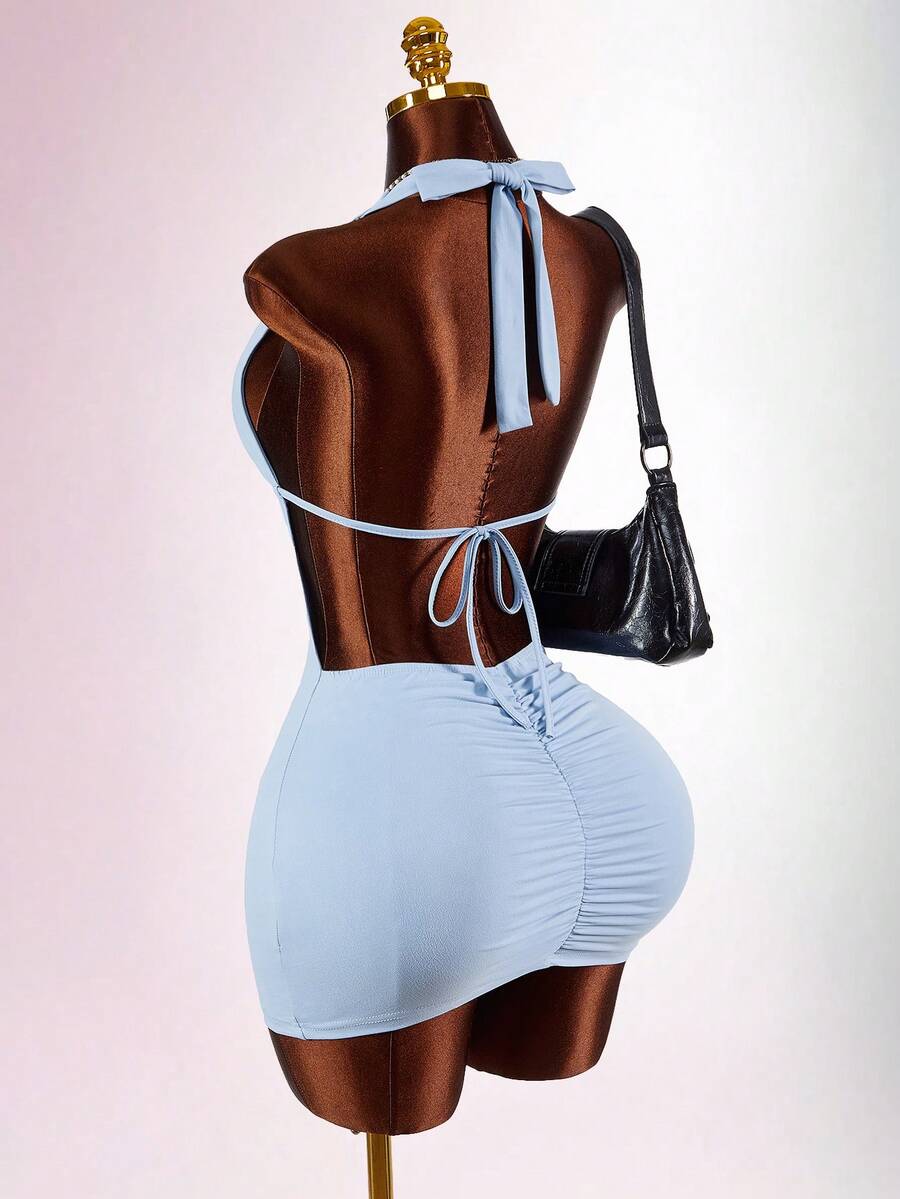 Amplova 2026 New Arrival Minimalist Blue Low-Cut Halter Waist-Cinched Bodycon Mini Dress, Sporty Chic - Blue - View 1