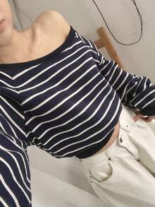 DAZY 女士宽松不对称肩条纹长袖卫衣 - 藏蓝色 - 查看 4