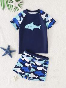 SHEIN 男童卡通鲨鱼印花泳衣套装，适合海滩游泳和玩耍 - 彩色 - 查看 8