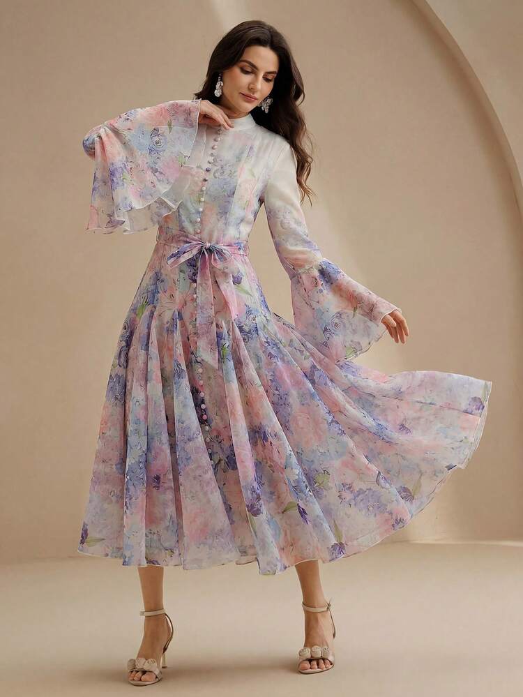 Women's Romantic Elegant Floral Print Flare Sleeve Dress, Spring/Summer