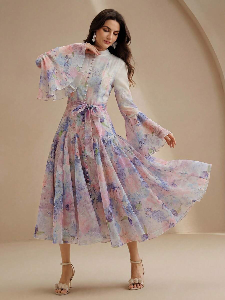 Anewsta Women's Elegant Floral Print Flare Sleeve Ruffle Hem Dress - Purple - View 1