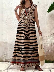 EMERY ROSE 女士休闲简约超长连衣裙，适合夏季穿着，波西米亚风长裙，豹纹印花长裙，长款波西米亚风连衣裙，动物纹印花长裙，春季斑马纹连衣裙，休闲款 - 彩色 - 查看 7