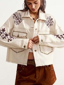 Bohemela 女士印花牛仔外套，新款休闲短款外套，适合娇小身材，百搭夏季女装，适合嘉年华、海滩度假、夏季休闲穿着，也可搭配休闲衬衫。 - 白色 - 查看 6