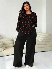 Solflare 2pcs Plus Size Women Casual Cherry Print Loose Fit Round Neck T-Shirt And Straight Leg Pants Set, Black, Spring Outfit - Multicolor - View 3