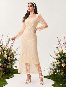 Modelyn Elegantes Damen Bodycon-Kleid mit Spitzeneinsatz, quadratischem Ausschnitt und schlanker Passform, graziöser, damenhafter Stil - Aprikosenfarben - Übersicht 7
