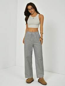 SHEIN PETITE 条纹荷叶边腰直筒九分裤，休闲度假波西米亚风长裤 - 黑與白 - 查看 5