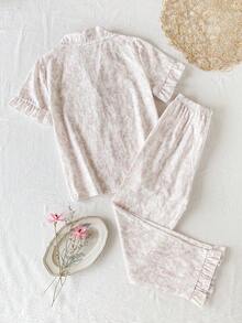 Young Girl'Pink Line Rabbit & Floral Pattern Ruffle Collar Short Sleeve Pants Casual Comfortable 2 Pieces Pajama Set,Family Matching Summer Pajama Set - Pink - View 2