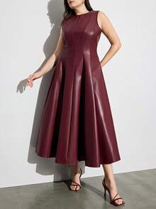 Aveloria Modichic Elegant & Chic Women's Fashion Date High-End Luxury Split Design Round Neck Waist Flared Hem PU Plus Size Sleeveless Dress - Burgundy - View 4