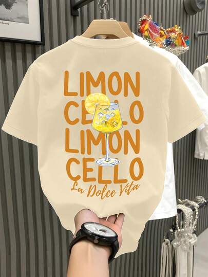 Claim Dot Men's Casual Fresh Orange Lemon Print Fitted T-Shirt, Suitable For Daily And Holiday Wear