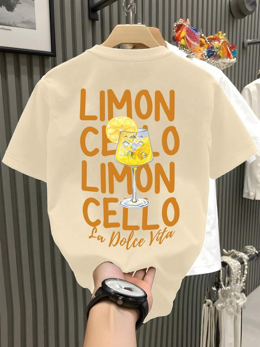 Claim Dot 男士休闲清新橙柠檬印花修身T恤，适合日常和假日穿着 - 杏色 - 查看 1