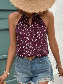 SHEIN Frenchy 女士休闲百搭领带印花上衣，适合约会和外出穿着 - 紅色 - 查看 5