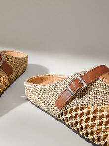 Solecia Giày sandal quai ngang dệt cho nữ, mũi tròn, kiểu xỏ chân không gót, phong cách tối giản thoải mái, phù hợp cho kỳ nghỉ, đi làm, dạo phố, hẹn hò, trà chiều, giày bệt màu nâu, mùa xuân/hè. - màu nâu - Xem 5