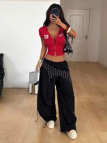 Coolane 女士春夏街头风返校季比赛日休闲度假时尚Y2K数字图案舒适弹力纽扣镂空红色短款上衣 - 紅色 - 查看 2