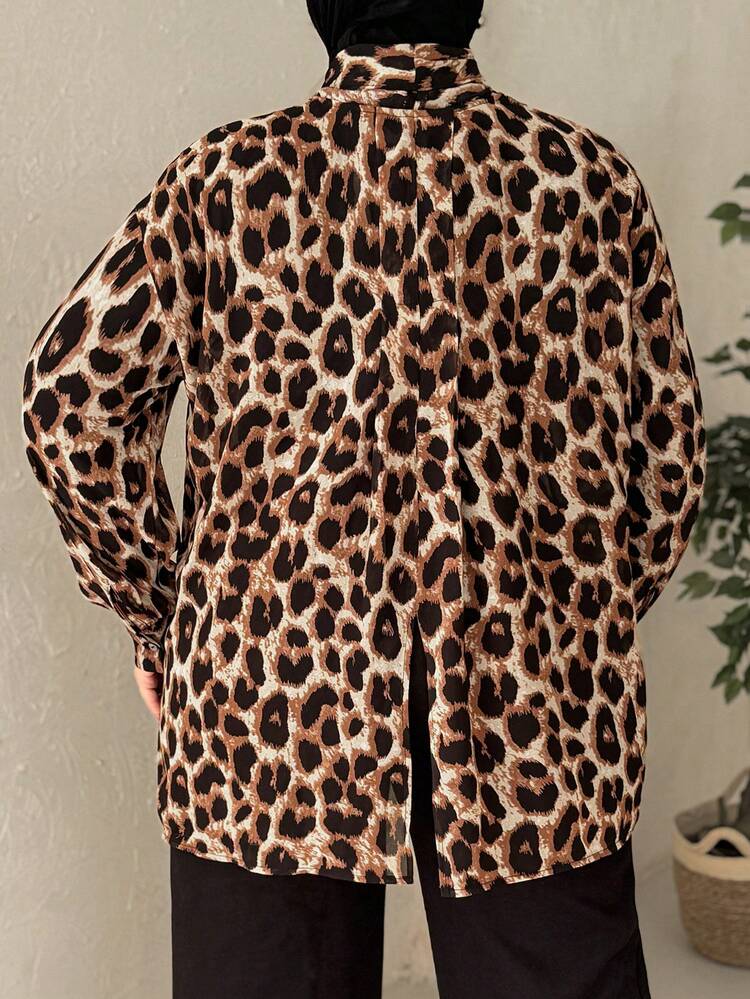 Dazy Plus Elegant Loose Fit Leopard Print Tie Collar Long Sleeve Shirt, Spring/Summer