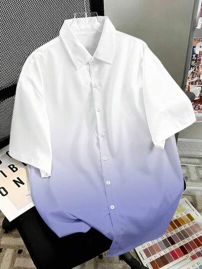 Manfinity Joysei Herrskjorta med kort ärm och knappar i ombre-modell, mångsidig vardagsskjorta