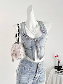 Elamini 女士休闲无袖牛仔外套，夏季 - 藍色 - 查看 4